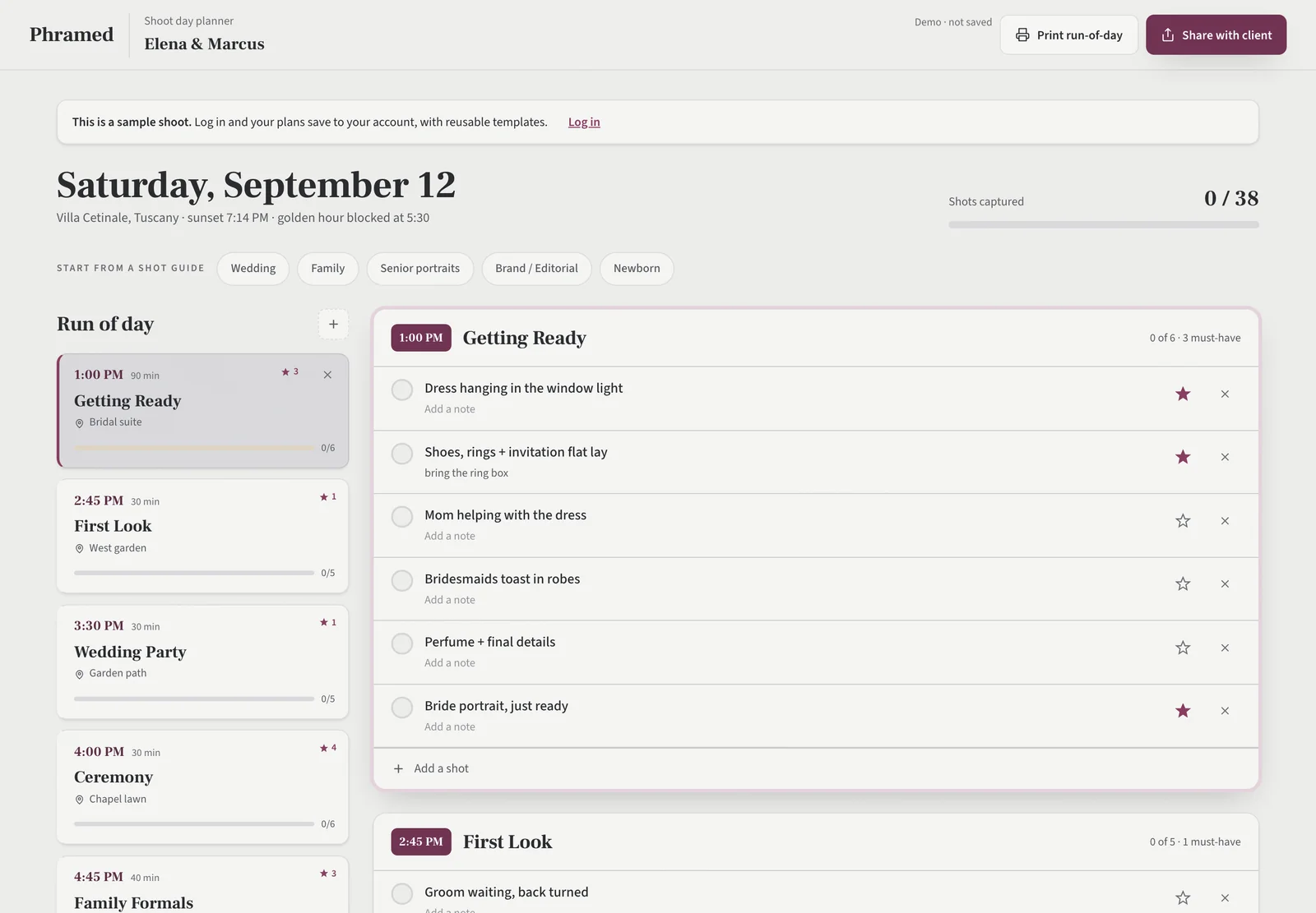 The shoot-day planner: a run-of-day timeline on the left, the shot list for each block on the right