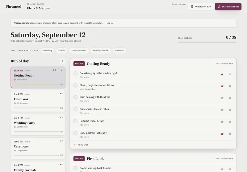 The shoot-day planner: run-of-day on the left, shot list on the right